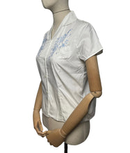 Load image into Gallery viewer, Original 1950's White Cotton Deadstock Blouse with Pale Blue Embroidery - Bust 36