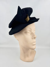 Load image into Gallery viewer, Original 1940's Inky Black Felt New York Creations Hat with Metal Trim and Bow Detail