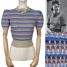 Load image into Gallery viewer, Reproduction 1940's Waffle Stripe Jumper with Bow Neck in Beige, Purple, Blue, Pink and Grey - Knitted from a Wartime Pattern - Bust 34 36