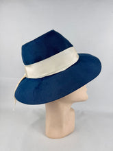 Load image into Gallery viewer, Original 1930's 1940's Blue Felt Fedora with Wide Ivory Grosgrain Band