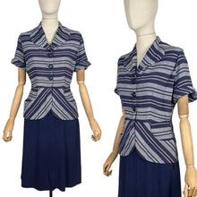 Load image into Gallery viewer, Original 1940's Navy Blue and Grey Linen Stripe Day Dress - Bust 36