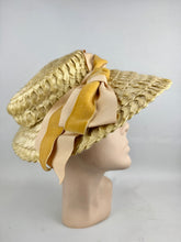 Load image into Gallery viewer, Original Late 1940's or Early 1950's Walter Florell Raffia Hat in Yellow with Velvet Ribbon Trim *
