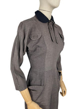 Load image into Gallery viewer, Original 1950's Grey Wiggle Dress with Black Accent Collar and Bow Trim at the Neck - Bust 34