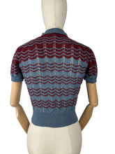 Load image into Gallery viewer, Reproduction 1940's Lace Striped Jumper in China Blue and Burgundy Red Wool - Bust 32 34 *