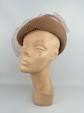 Load image into Gallery viewer, Original 1950's Light Brown Felt Hat with Half Face Net and Fluffy Feather Trim *