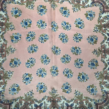 Load image into Gallery viewer, Original 1950's Salmon Pink Silk Crepe Scarf with Floral Print in Blue, Green, White and Black - Great Headscarf
