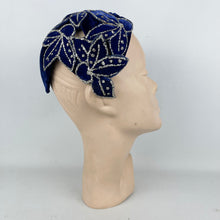 Load image into Gallery viewer, Exceptionally Beautiful Original 1950's Cobalt Blue Velvet Cocktail Hat with Silver Glitter Edged Flowers *