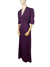 Load image into Gallery viewer, Original 1940's Cadbury Purple Crepe Full Length Evening Dress with Cutout Detail and Lace Trim - Bust 36 *