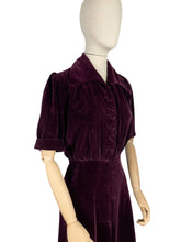 Load image into Gallery viewer, Original 1940's Aubergine Purple Cotton Velvet Dress with Huge Collar and Covered Buttons - Bust 38 40