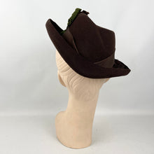 Load image into Gallery viewer, Original 1930's 1940's Dark Brown Felt Fedora Hat with Grosgrain Trim in Green and Brown with Fine Net