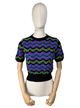 Load image into Gallery viewer, Reproduction 1940’s Hand Knitted Feather and Fan Striped Jumper in Black, Purple, Teal and Neon Green - Bust 36 38 40 *