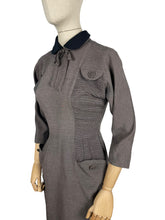 Load image into Gallery viewer, Original 1950's Grey Wiggle Dress with Black Accent Collar and Bow Trim at the Neck - Bust 34