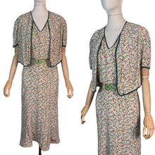 Load image into Gallery viewer, Original 1930's Dress and Faux Bolero Floral Belted Day Dress in Green, Rust and Yellow - Bust 42