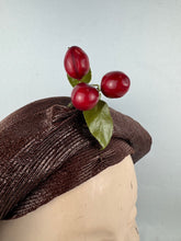 Load image into Gallery viewer, Original 1920's Brown Lacquered Straw Cloche with Upturned Brim and Cherry Trim *