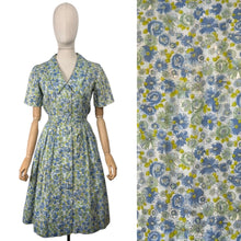 Load image into Gallery viewer, Original Vintage 1950's 1960's Floral Cotton Summer Dress in Blue, Green and White - Bust 36