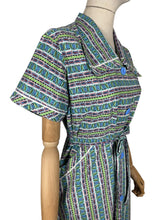 Load image into Gallery viewer, Original 1950's Australian Made Bright Floral Stripe Cotton Belted Day Dress in Green, Blue, Pink, Black and White - Bust 38 40 *