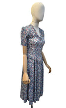 Load image into Gallery viewer, Original 1930's Floral Crepe Day Dress in Blue, Red and Green with Frill Trim - Bust 34