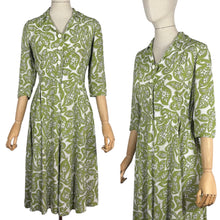 Load image into Gallery viewer, Original 1940’s Green and White Crepe Day Dress with Leaf Print - Bust 34 35