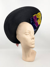 Load image into Gallery viewer, Utterly Exceptional American Made 1940s Black Straw Hat with Velvet Bow Trim in Purple, Ochre and Cerise