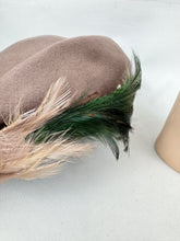 Load image into Gallery viewer, Original 1950's Brown Felt Hat with Pink and Green Feather Trim