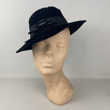 Load image into Gallery viewer, Original 1930's 1940's Inky Black Felt Fedora with Lace Work and Grosgrain Trim