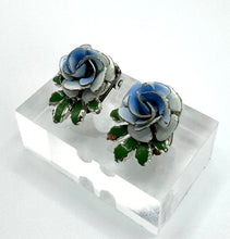 Load image into Gallery viewer, Original 1950's Mid Century Clip on Earrings by Coro - Blue and Green Enamel Roses