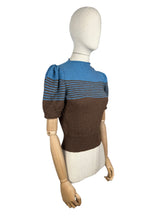 Load image into Gallery viewer, Reproduction 1940's Striped Jumper in Coffee Bean Brown and Dolphin Blue with Full Pull Sleeves - Bust 34 36