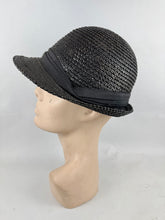 Load image into Gallery viewer, Original 1930's Black Straw Cloche Hat with Charming Red Cherry Trim *