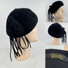 Load image into Gallery viewer, Original 1950's Stylish French Black Felt Hat with Polka Dots and Tassel Trim by Isaure PARIS
