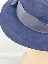 Load image into Gallery viewer, Original 1930's Dark Blue Seamed Felt Fedora with Grosgrain Trim by Fenwick