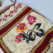 Load image into Gallery viewer, Antique Edwardian Crochet Drawstring Bag with Embroidered Floral Panels
