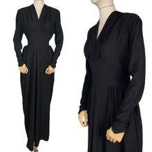 Load image into Gallery viewer, Original 1930's 1940's Black Crepe Long Sleeved Evening Dress with Back Belt - Bust 40 42
