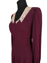 Load image into Gallery viewer, Original 1930's Petite Length Burgundy Crepe Long Sleeved Belted Day Dress with Lace Detail - Bust 34