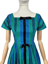 Load image into Gallery viewer, Original 1950's Teena Paige Black, Blue and Green Stripe Cotton Day Dress with Velvet Bow Trim - Bust 34 *