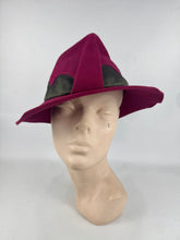Load image into Gallery viewer, Original 1940's Burgundy Felt Fedora Hat with Grey Leather Scalloped Trim and Bow Detail