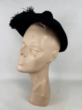 Load image into Gallery viewer, Original 1950's Inky Black Felt Hat with Feather and Pom-pom Trim