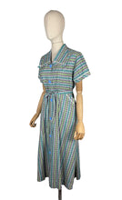 Load image into Gallery viewer, Original 1950's Australian Made Bright Floral Stripe Cotton Belted Day Dress in Green, Blue, Pink, Black and White - Bust 38 40 *