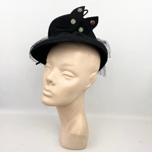 Load image into Gallery viewer, Incredible Original 1930's 1940's Black Felt Topper Hat with Net, Glass Beads and Butterfly Trim *
