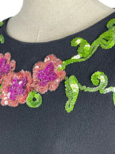Load image into Gallery viewer, Original 1940's Ellen Kaye Original Black Crepe Cocktail Dress with Floral Sequin Detail in Pink and Green - Bust 32 34