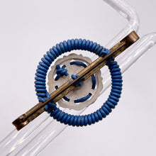 Load image into Gallery viewer, Original 1940's Blue and White Wartime Make Do and Mend Wirework Brooch with Flower Button Middle