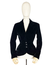 Load image into Gallery viewer, Original 1940's Inky Black Fit and Flair Velvet Jacket with Padded Hips - Bust 36 38 *