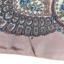 Load image into Gallery viewer, Original 1950's Salmon Pink Silk Crepe Scarf with Floral Print in Blue, Green, White and Black - Great Headscarf