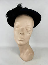 Load image into Gallery viewer, Original 1950's Inky Black Felt Hat with Feather and Pom-pom Trim