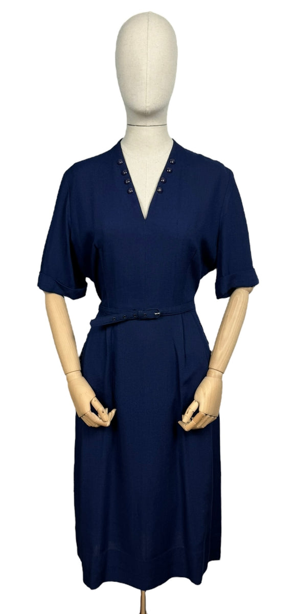 Original 1950's Dark Blue Moygashel Linen Classic Belted Day Dress by Rembrandt Great Button Detail Bust 38