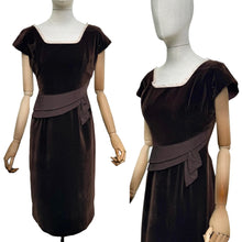 Load image into Gallery viewer, Original 1950's Slimuette Dark Brown Cotton Velvet Wiggle Dress with Hip Drape - Bust 34