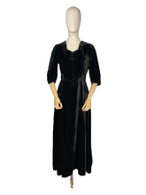 Load image into Gallery viewer, Original 1930’s Black Cotton Velvet Full Length Evening Dress with Bow Tie Belt - Bust 34 *