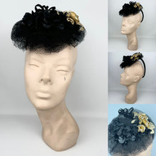 Load image into Gallery viewer, REPRODUCTION 1940's Black and Gold Net and Flower Topper Hat