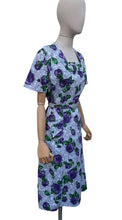 Load image into Gallery viewer, Original 1940’s 1950’s Belted Rose Print Cotton Day Dress in Grey, Purple and Green - Bust 40