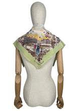 Load image into Gallery viewer, Original 1940's 1950's Pistachio Green Crepe Tourist Scarf for Bath and Brighton - Great Headscarf