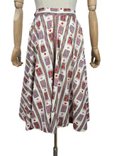 Load image into Gallery viewer, Original 1950's Full Circle Skirt in Abstract Print of Pink, Red, Mustard and Grey on White - Waist 27" *